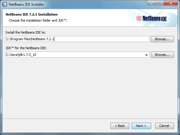 Choose the installation folder and JDK and click Next button